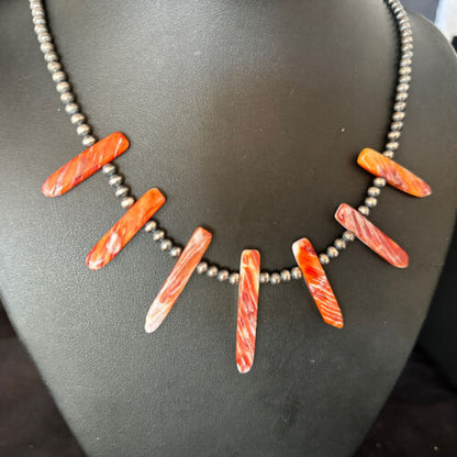 Navajo Spiny Oyster Stick Bead Necklace | Sterling Silver | 20" | Authentic Native American Handmade | 14328