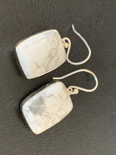 Navajo Sterling Silver White Howlite Black Dangle Rectangle Earrings | 0.75" | 12069