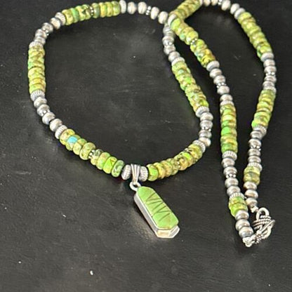 Navajo Green Turquoise Necklace Pendant | Sterling Silver | 22" | Authentic Native American Handmade | 14605