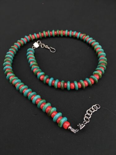 Native American Men's Turquoise & Coral Bead Necklace | Navajo Sterling Silver | 22" | 3712