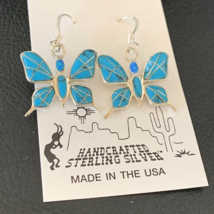 Navajo Blue Turquoise Inlay Butterfly Earrings | Sterling Silver | 0.5" | 12013 - Masha USA