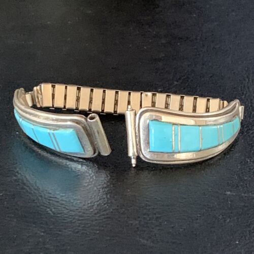 Navajo Sterling Silver Watch Tips with Blue Turquoise Inlay Band | Authentic Native American Jewelry | 13728