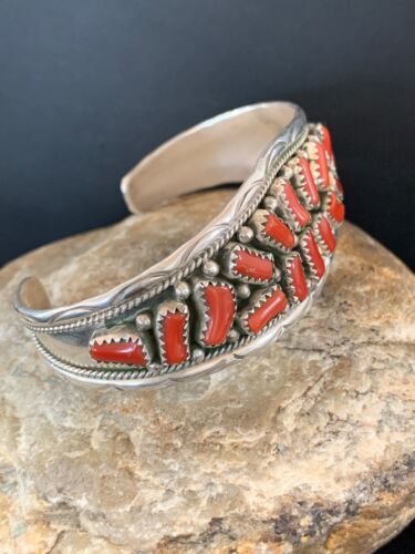 Native American Red Coral Cuff Bracelet | Navajo Sterling Silver | Authentic Handmade | 4670 - Masha USA