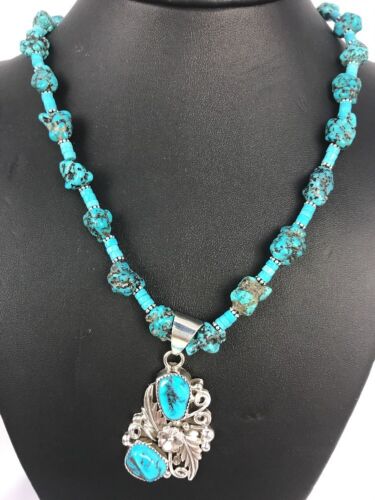Navajo Kingman Turquoise Nugget Pendant Necklace | Sterling Silver | Multi-Stone | Southwestern Handmade