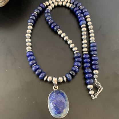 Navajo Sterling Silver Bead Necklace | Lapis Lazuli Faceted Pendant | Authentic Native American Handmade | 11367