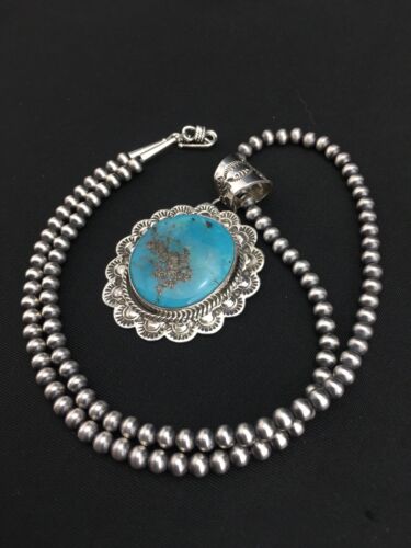 Men's Kingman Turquoise Pendant | Navajo Pearl Sterling Silver Necklace | Authentic Native American Handmade | 4876