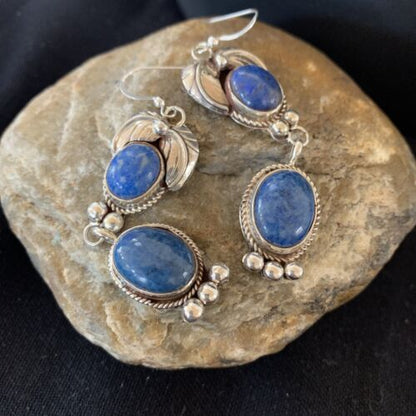 Native American Navajo Denim Lapis Dangle Earrings | Sterling Silver | 2" | 1682 - Masha USA