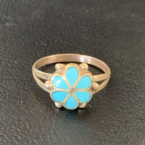 Zuni Blue Turquoise Cluster Ring | Sterling Silver Inlay | Sz 7.5 | Authentic Native American | 12945