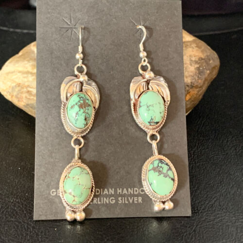 Navajo Green Spiderweb Turquoise Dangle Earrings | Sterling Silver | Authentic Native American Handmade | 13553