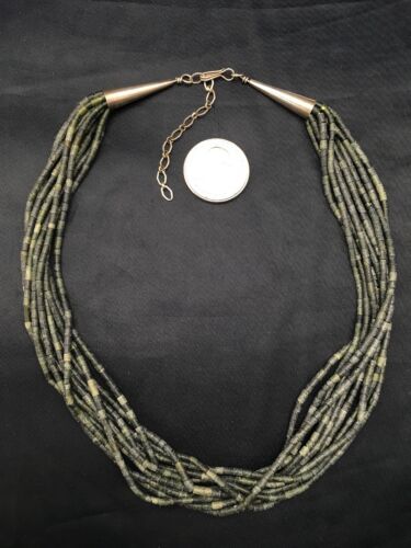 Southwestern Green Agate Heishi 10 Strand Necklace | Sterling Silver | 16" | 4351