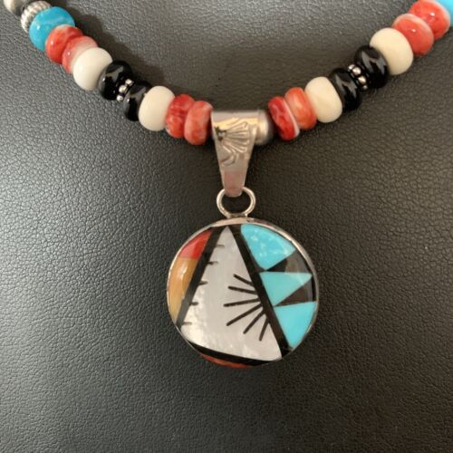 Zuni Multi-Color Turquoise Onyx Necklace | Sterling Silver Inlay Pendant | Native American Handmade | 13564