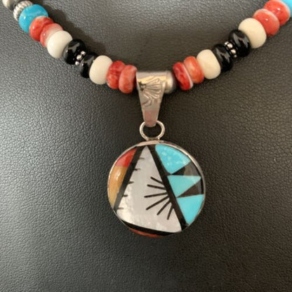 Zuni Multi-Color Turquoise Onyx Necklace | Sterling Silver Inlay Pendant | Native American Handmade | 13564