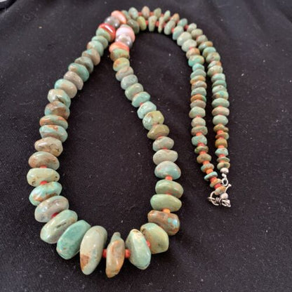Authentic Native American Navajo Necklace | Sterling Silver | Green Turquoise & Spiny Oyster | 32" | 01669
