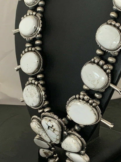 Navajo White Buffalo Turquoise Naja Pendant | Sterling Silver Squash Blossom Necklace | 21" | 00629 - Masha USA