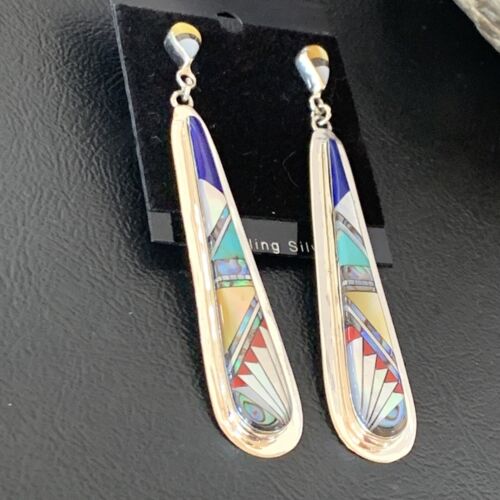 Navajo Multi-Color Turquoise Coral Mother of Pearl Inlay Earrings | Sterling Silver | 3" | 2097