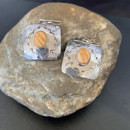 Navajo Sterling Silver Earrings with Gold Orange Spiny Oyster | Authentic Native American Handmade | Set2076