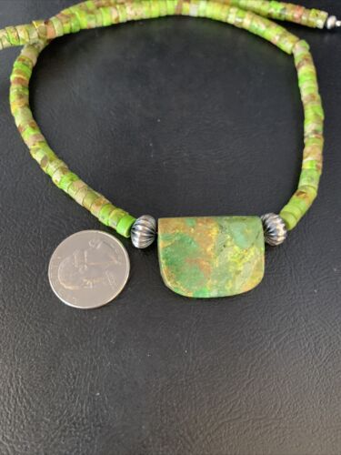 Navajo Green Gaspeite Turquoise Pendant | Sterling Silver | Authentic Native American Handmade | 13917