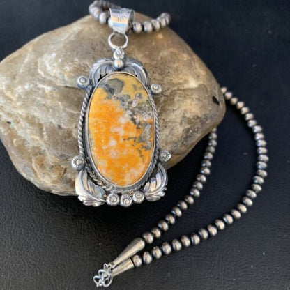 Navajo Bumblebee Jasper Pendant Necklace | Sterling Silver | Authentic Native American Handmade | 14201