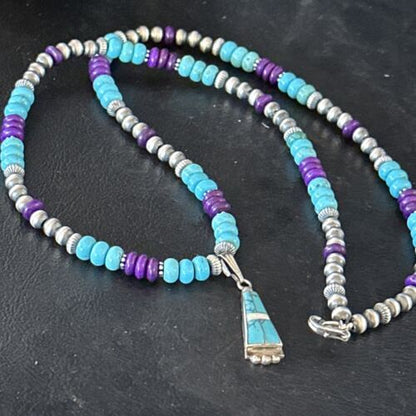Navajo Blue Turquoise Sugilite Necklace Pendant | Sterling Silver Inlay | Authentic Native American Handmade | 14643
