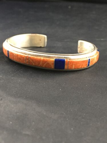 Native American Spiny Oyster & Lapis Inlay Bracelet | Navajo Sterling Silver | 4544