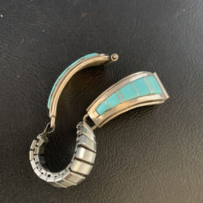 Navajo Sterling Silver Watch Tips with Blue Turquoise Inlay Band | Authentic Native American Jewelry | 13728