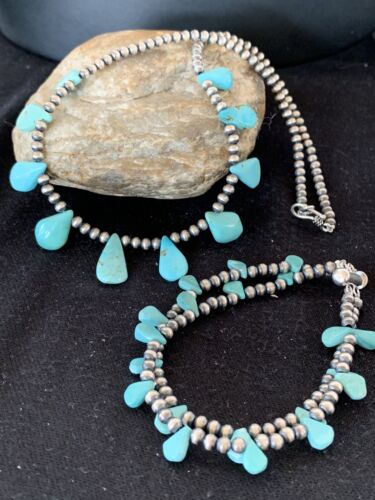 Navajo Pearls Sterling Silver Necklace & Bracelet Set | Blue Turquoise | Authentic Native American Handmade | 516