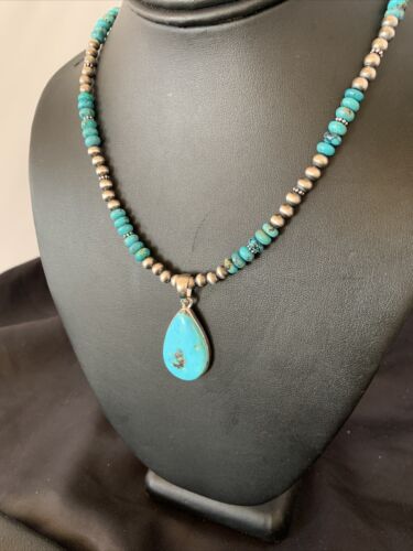 Navajo Pearl Necklace with Blue Kingman Turquoise Pendant | Sterling Silver | 11739