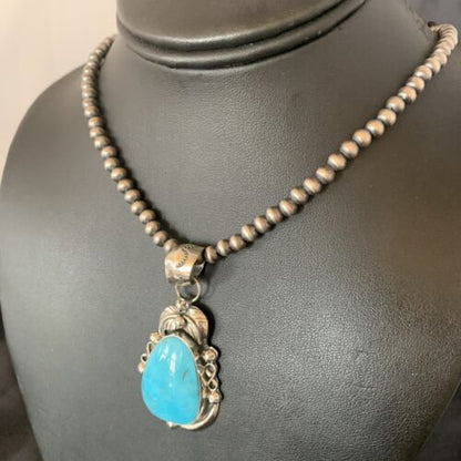 Men's Navajo Pearls Necklace with Blue Kingman Turquoise Pendant | Sterling Silver | Native American Handmade | 12599 - Masha USA