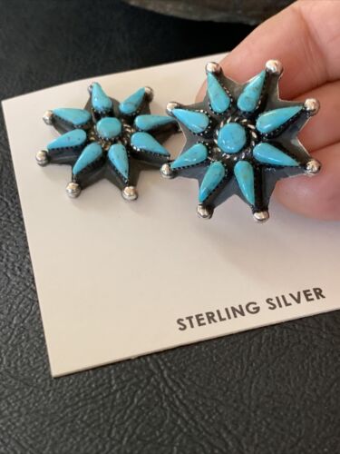Navajo Blue Cluster Turquoise Stud Earrings | Sterling Silver | Authentic Native American Handmade | 12303
