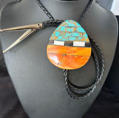 Men's Santo Domingo Bolo Tie | Turquoise & Spiny Oyster | Sterling Silver Tips | 14631