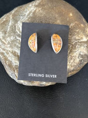 Navajo Orange Spiny Oyster Inlay Earrings | Sterling Silver | Authentic Native American Handmade | 14789