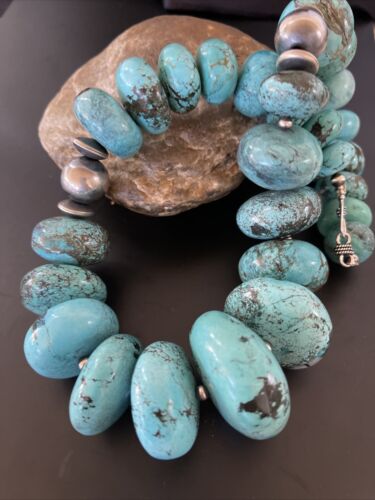 Navajo Blue Turquoise Necklace | Chunky Graduated Sterling Silver Pearls | Authentic Native American Handmade | 19" | 11350 - Masha USA