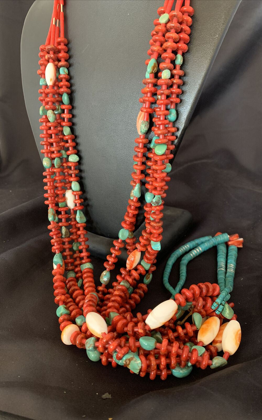Southwestern Santo Domingo Red Coral Green Turquoise 5-Strand Jacla Necklace | 36" | Native American Handmade | 12053