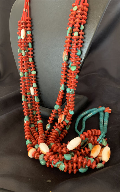 Southwestern Santo Domingo Red Coral Green Turquoise 5-Strand Jacla Necklace | 36" | Native American Handmade | 12053