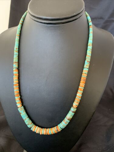 Navajo Green Turquoise & Orange Spiny Oyster Graduated Heishi Necklace | Sterling Silver | Authentic Native American | 20" | 11774