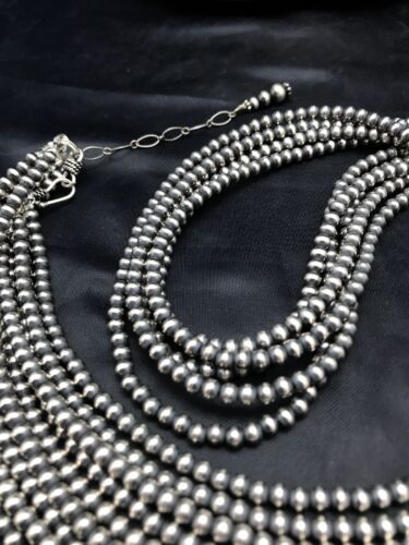 Southwestern Navajo Pearls Bead Necklace | 4mm 5-Strand Sterling Silver | 21" | 1053