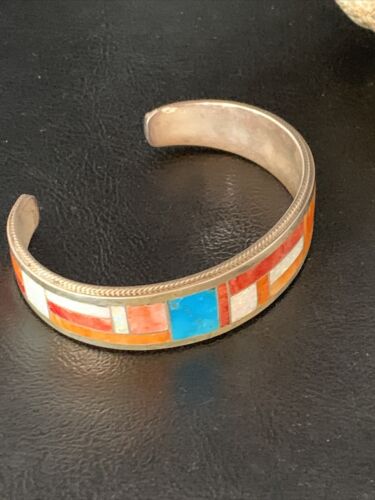 Zuni Orange Spiny Oyster Opal Inlay Cuff Bracelet | Sterling Silver | Authentic Native American Handmade | 14159
