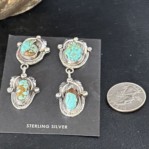 Navajo Blue #8 Turquoise Dangle Earrings | Sterling Silver | Authentic Native American Handmade | 14339 - Masha USA