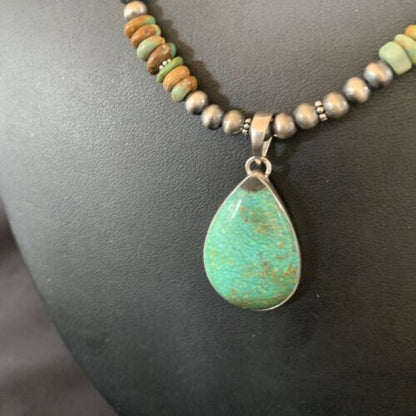 Navajo Royston Bead Green Turquoise Necklace Pendant | Sterling Silver | Authentic Native American Handmade | 11920