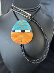 Men's Santo Domingo Bolo Tie | Turquoise Spiny Oyster | Sterling Silver Tips | Native American Handmade | 14632