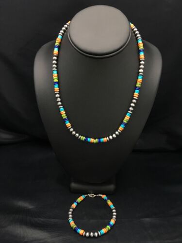 Southwestern Turquoise Spiny Oyster Lapis Necklace & Bracelet Set | Sterling Silver | 18" | Authentic Native American Handmade