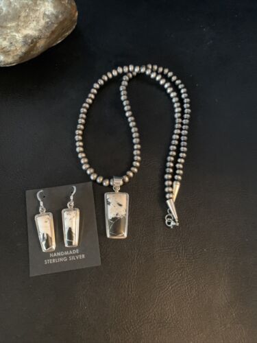 Navajo White Buffalo Turquoise Pendant | Sterling Silver Dangle Earrings | Authentic Native American Handmade | 14099