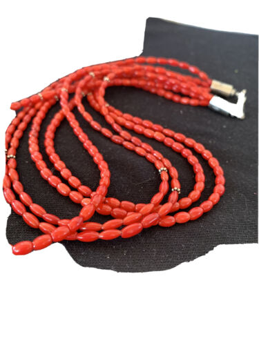 Native American Navajo 5-Strand Red Coral Necklace | Sterling Silver | Authentic Handmade | 01140