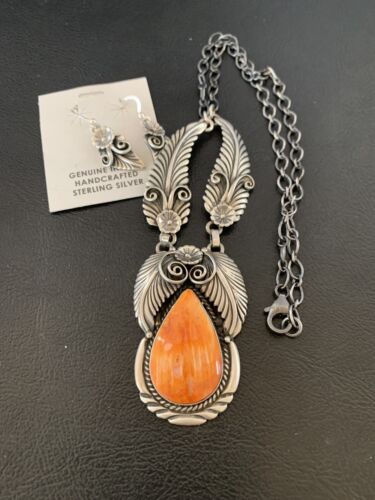 Navajo Orange Spiny Oyster Necklace & Earrings Set | Sterling Silver | Authentic Native American Handmade | 2104