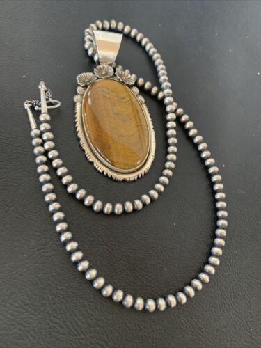 Men's Navajo Pearls Necklace with Sterling Silver Coffee Tigers Eye Pendant | Authentic Native American Handmade | 01771