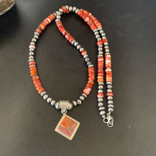 Navajo Red Spiny Oyster Opal Inlay Bead Necklace Pendant | Sterling Silver | Authentic Native American Handmade | 12723