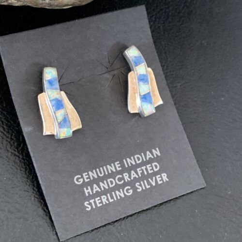 Navajo Blue Denim Lapis Opal Inlay Earrings | Sterling Silver | Women's Southwestern | 12900
