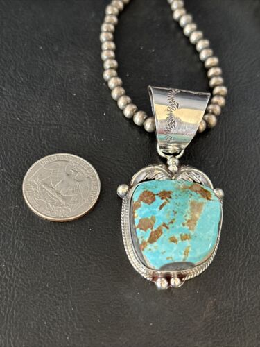 Navajo Pearls Royston Turquoise Necklace Pendant | Sterling Silver | Authentic Native American Handmade | 14802