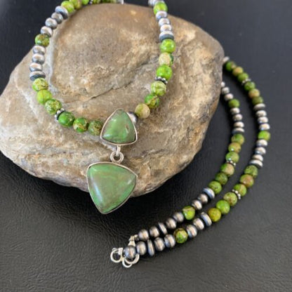 Navajo Green Gaspeite Turquoise Pendant | Sterling Silver | Authentic Native American Handmade | 12360