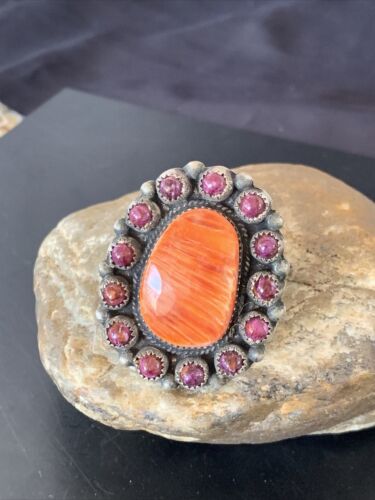 Navajo Spiny Oyster Cluster Ring | Authentic Native American Sterling Silver | Multi-Stone | Purple Orange | Sz 8 | 11513